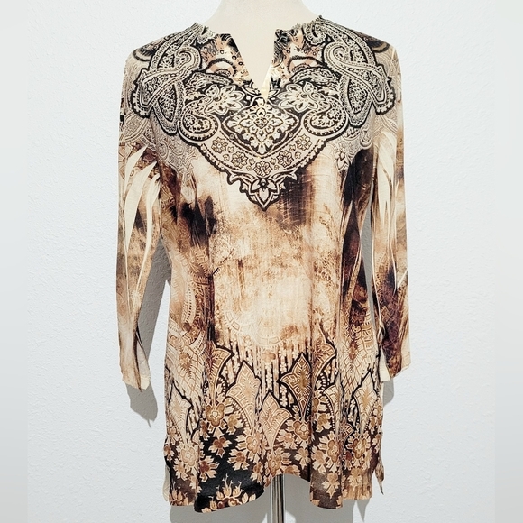 Chico's (1) Womans Tunic Top Jeweled/Beaded Brown Paisley Made In USA Size Small - Picture 2 of 13